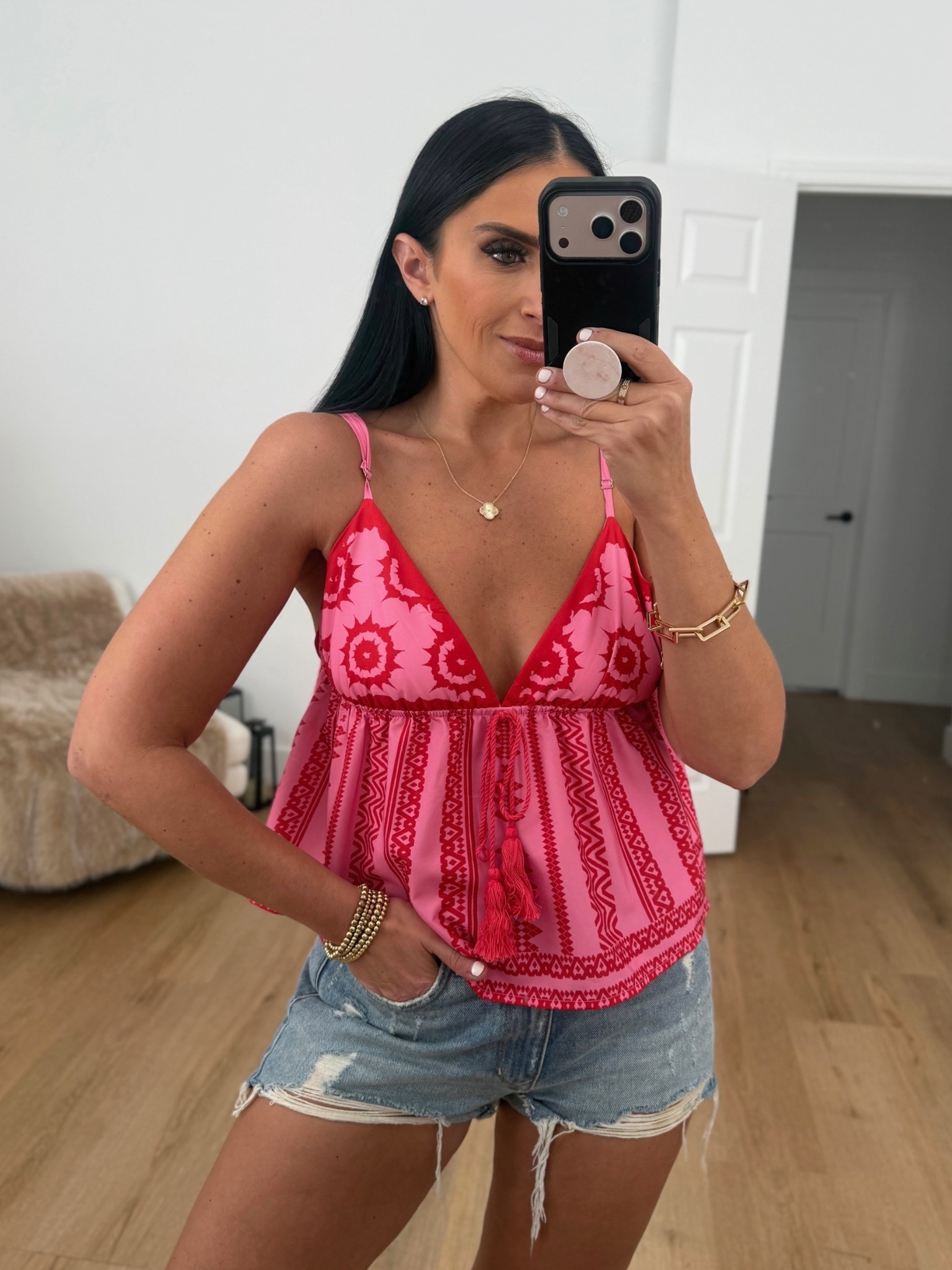 Farm Rio inspired Women's Paisley Print V Neck Camisole  wearing size medium. 