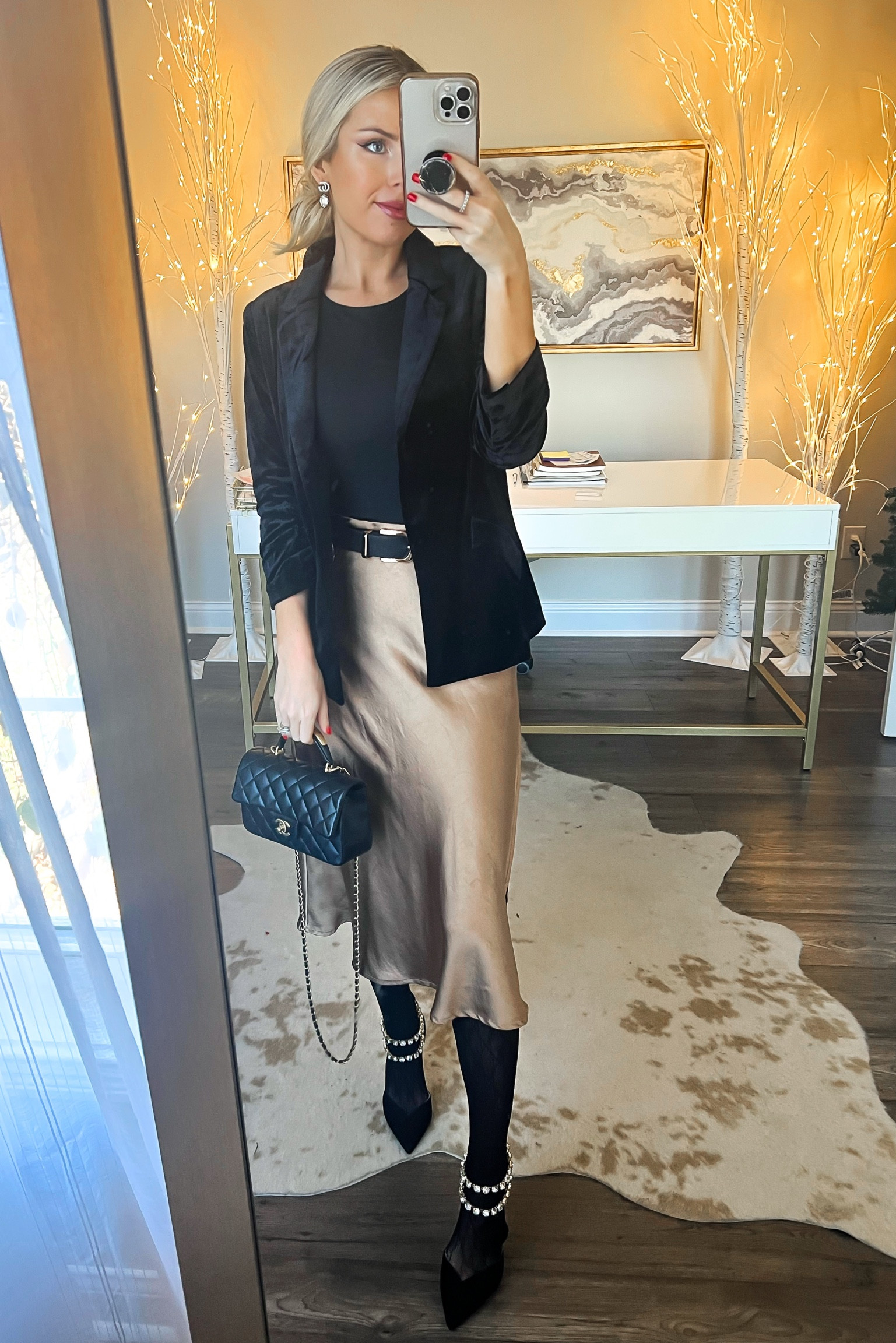 Velvet blazer. Holiday style. Christmas style. Christmas blazer. Midi skirt. Satin midi skirt. Amazon fashion. Gucci earrings. Gucci tights. GG tights. Holiday heels. Bling heels  

#LTKSeasonal #LTKshoecrush #LTKHoliday