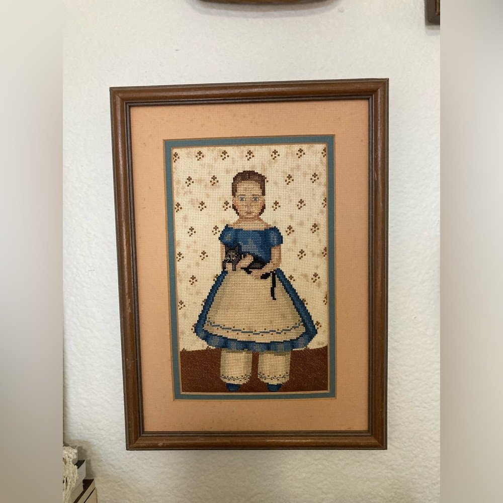 Framed Cross Stitch Girl in Blue Dress with cat | Poshmark
