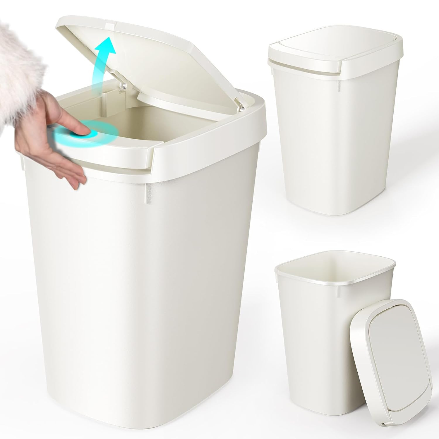 CEROELDA 3 Pack Bathroom Trash Can with Lid, 10L/2.6 Gal Small Garbage Can with Press Top Lid, Slim Plastic Waste Basket for Toilet, Office, Bedroom (White, 3 Pack) | Amazon (US)