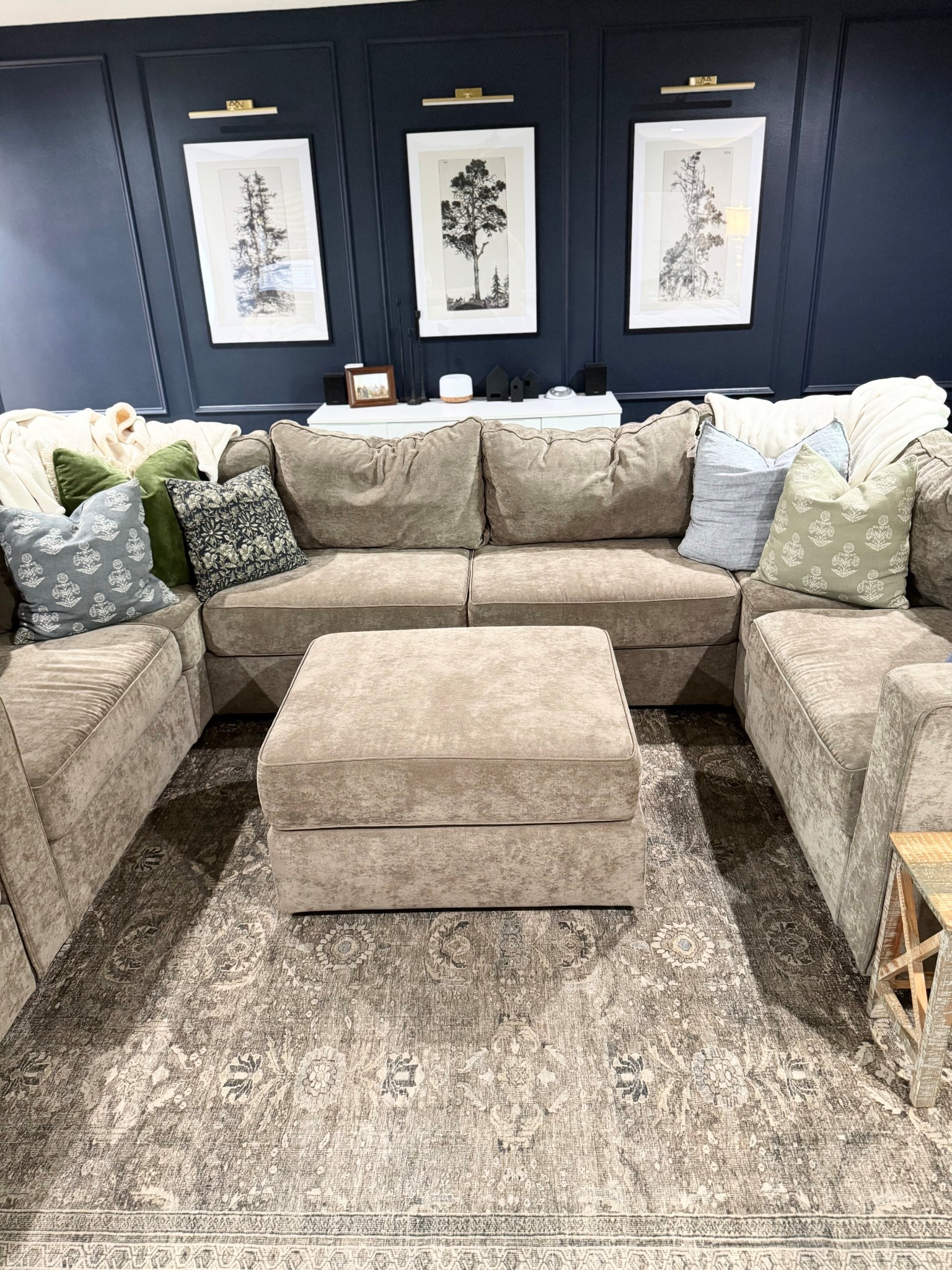 Lovesac couch, neutral couch, washable covers couch, family couch, kid friendly furniture, kid friendly couch, neutral rug, beige blue rug, family room decor, living room decor, vintage tree prints, black framed art, navy pillows, green pillows, neutral pillows, large sectional 

#LTKStyleTip #LTKHome #LTKFamily