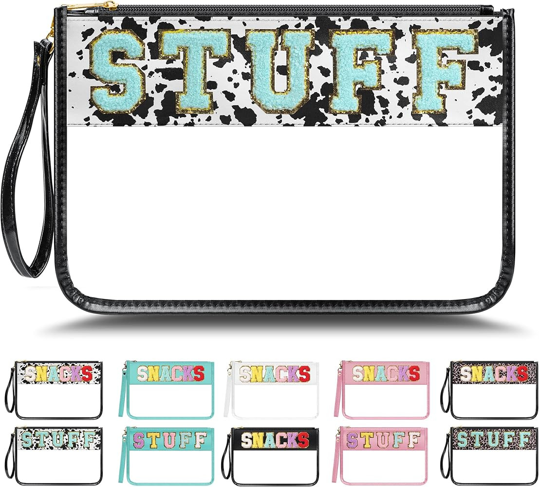 Snack Bags Clear Pouch Travel Chenille Letter Zipper Makeup Pouch,PVC Nylon Waterproof Cosmetic B... | Amazon (US)