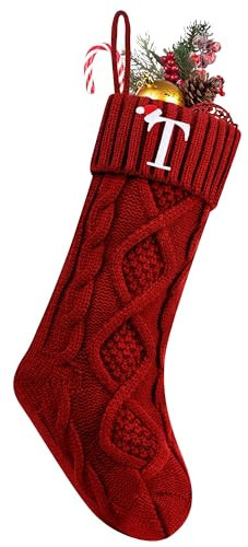 Personalized Christmas Stockings with Initials, 18 Inches Large Embroidered Monogrammed Cable Knit Christmas Stocking for Family, Xmas Holiday Party Gifts & Decoration for Fireplace(Burgundy,Letter T) | Amazon (US)