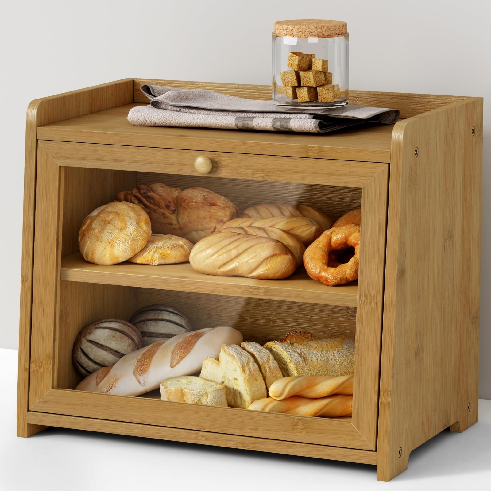 Bamboo Bread Box for Kitchen Countertop, Wooden Kitchen Counter Organizers and Storage for Bread,... | Amazon (US)