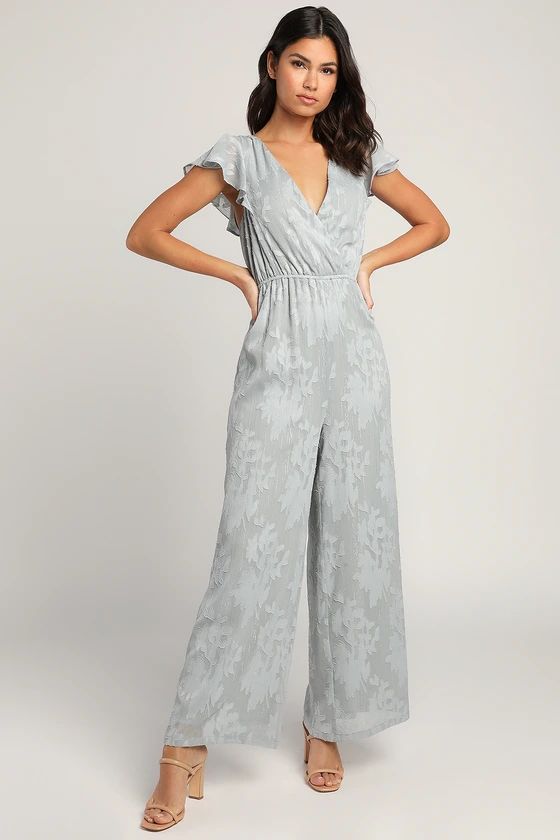 Poised to Perfection Dusty Blue Floral Jacquard Jumpsuit | Lulus (US)