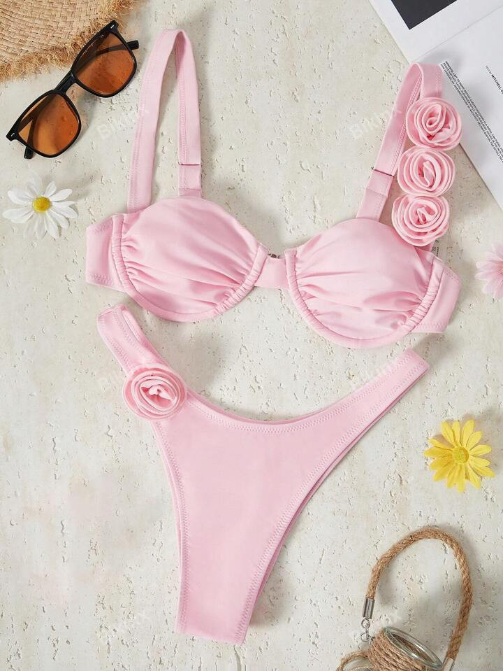 Bikinx Women's Solid Color Underwire Bikini Three-Dimensional Flower Sexy Split Bikini For Beach Vocation Summer | SHEIN