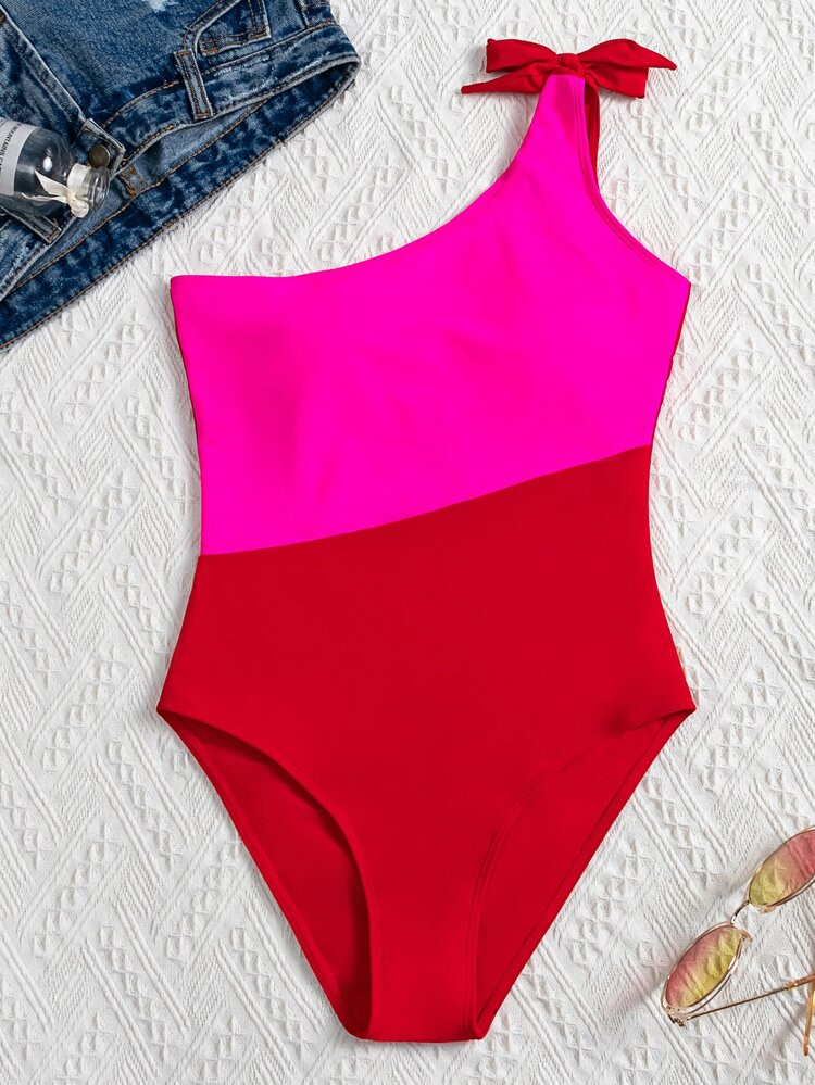 Two Tone One Shoulder One Piece Swimsuit | SHEIN