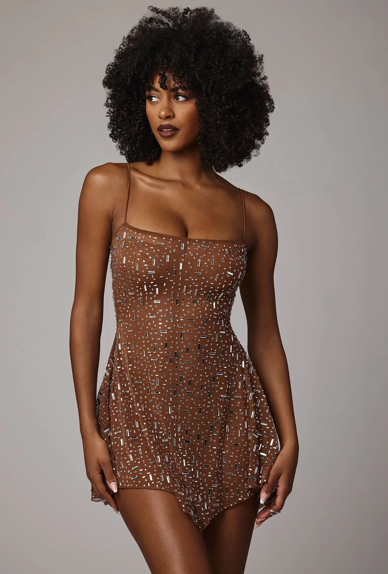 Sheer Embellished Scoop Neck Mini Dress in Mocha | Oh Polly