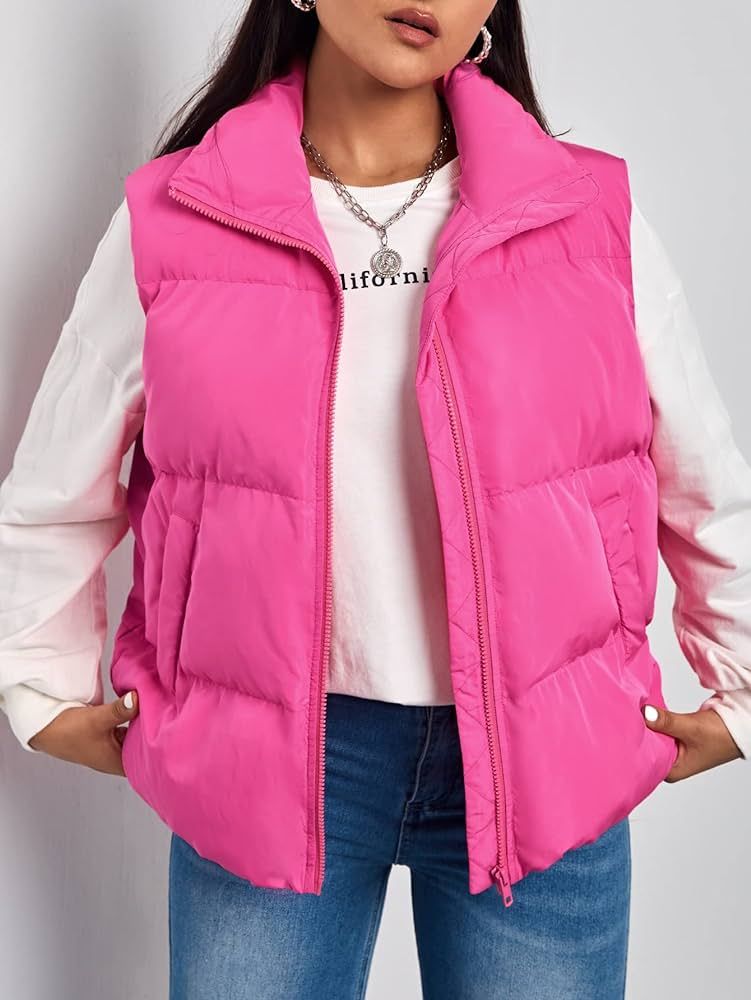Jacket Women Slant Pocket Puffer Vest Coat Jacket Women (Color : Pink, Size : X-Small) | Amazon (US)