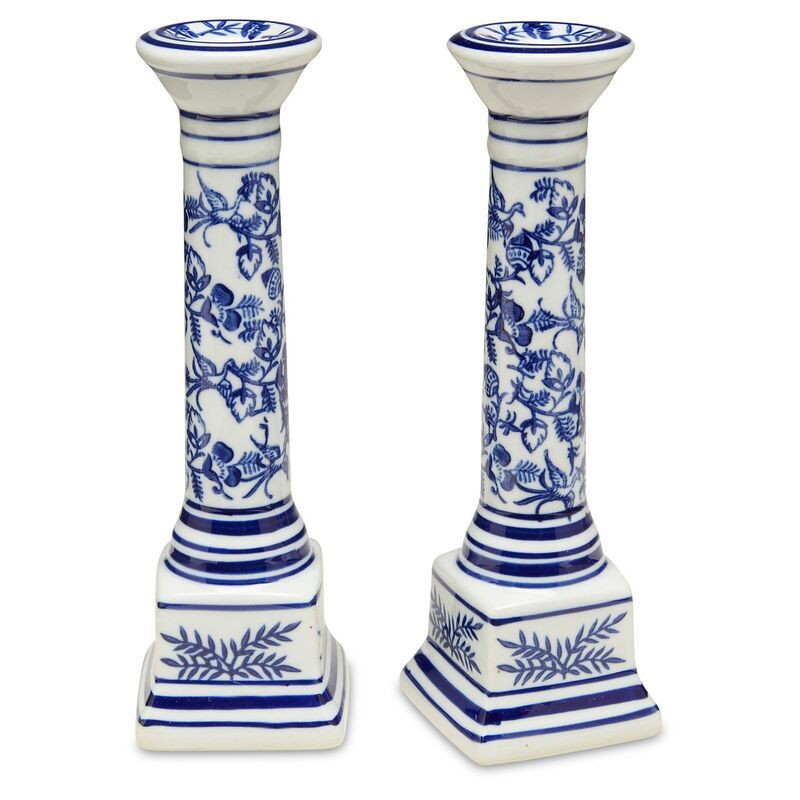 S/2 Floral Candlesticks, Blue/White | One Kings Lane