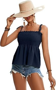 LYANER Women's Tie Shoulder Frill Shirred Ruffle Hem Sleeveless Strappy Cami Blouse Peplum Top | Amazon (US)