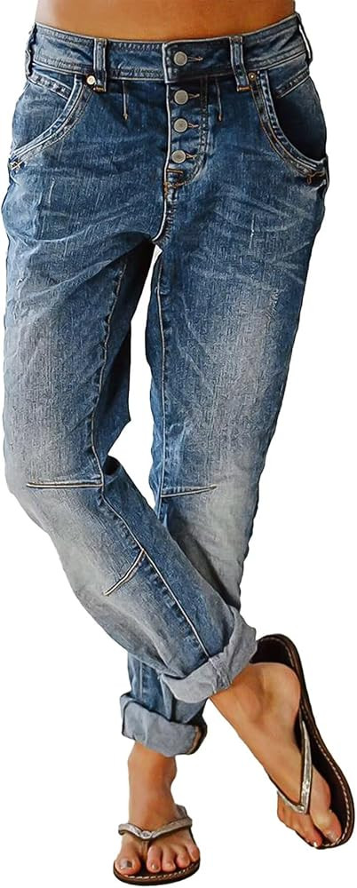 Flamingals Women's Stretchy Straight Leg Casual Mid Rise Jeans Wash Button Fly Stitch Detail 90s ... | Amazon (US)
