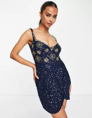 Band Of Stars premium embellished mini skater dress in navy | ASOS (Global)