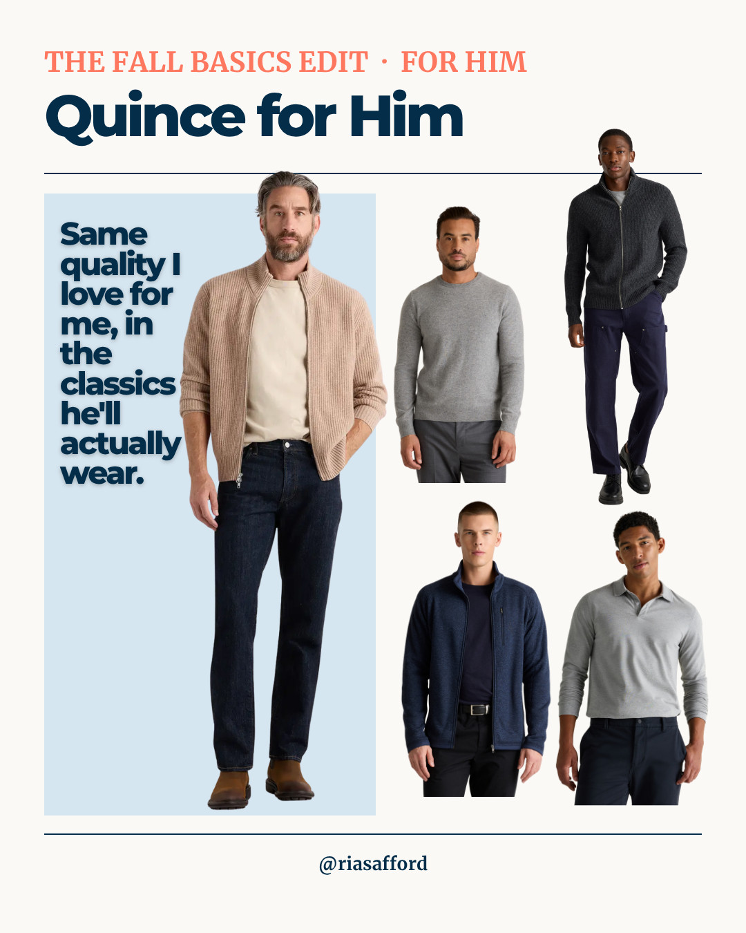Fall basics for him, sorted. A cashmere full zip, an easy crewneck, a sweater-knit fleece, a packable puffer and a long sleeve polo. Real-quality pieces he'll wear on repeat, without the department store markup.
#quince #mensstyle #mensbasics #giftsforhim #fallbasics #cashmere #ltkmens 

 #LTKMens