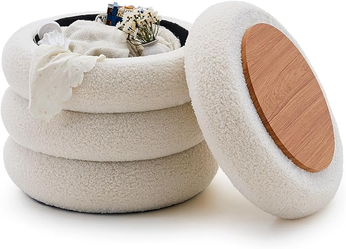 Wimarsbon Round Storage Ottoman, Modern Sherpa Footstool, Teddy Vanity Stool with Flip-Top Tray, ... | Amazon (US)
