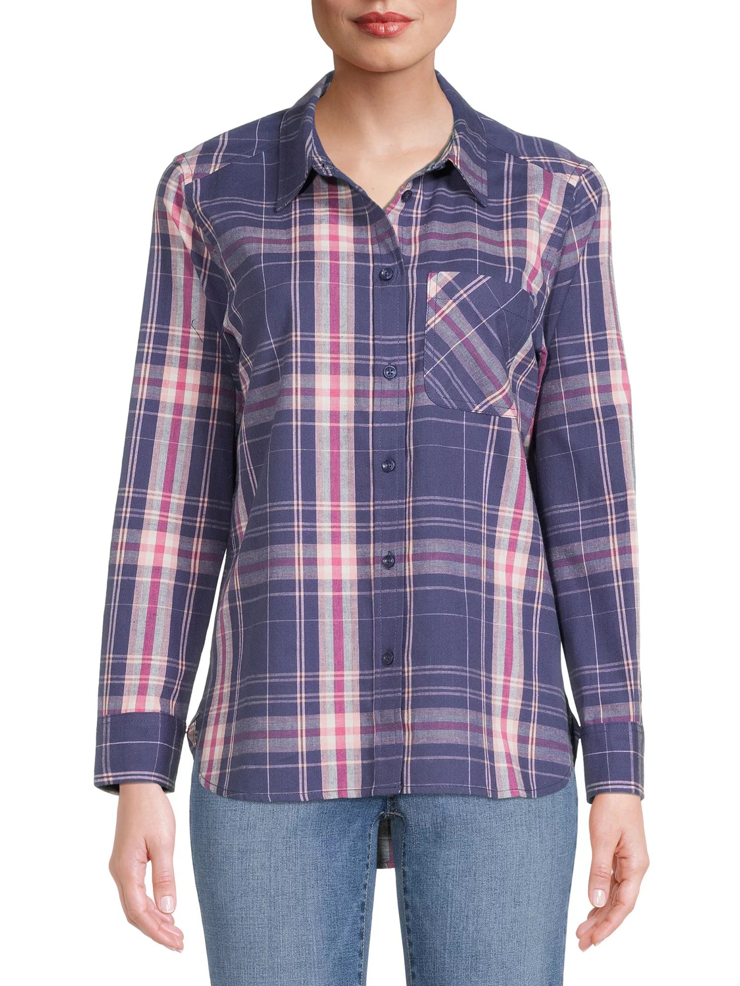 Time and Tru Women's Plaid Button Front Shirt - Walmart.com | Walmart (US)