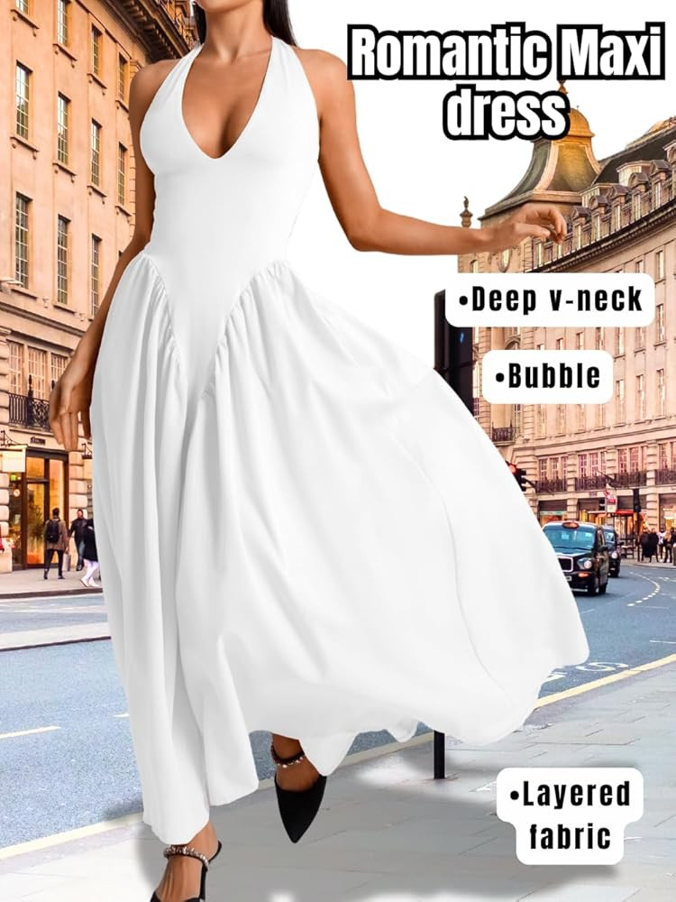 Deep V Neck Dress, Halter Maxi Dresses, Vacation Date Night, Sexy for Women Corset Flowy Wedding ... | Amazon (US)