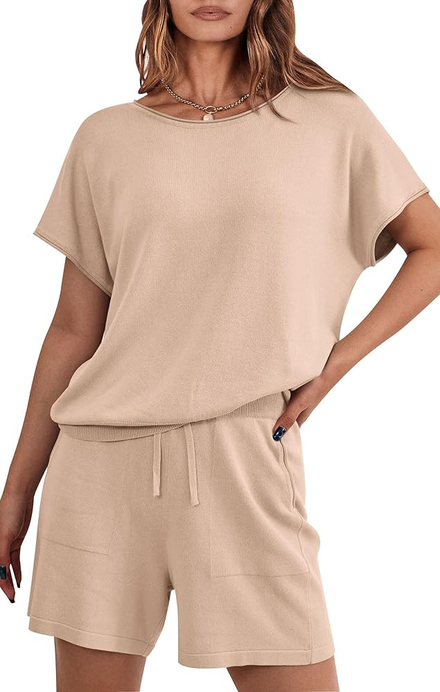 PRETTYGARDEN Two Piece Set 2024 Summer Lounge Tracksuit Outfits Shorts And Short Sleeve Tops Knit... | Amazon (US)