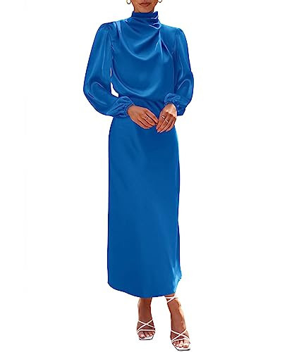 BTFBM Womens Mock Neck Satin Dress Summer Fall 2025 Long Sleeve High Waist Formal Wedding Party Maxi Cocktail Dresses(Brilliant Blue, Medium) | Amazon (US)