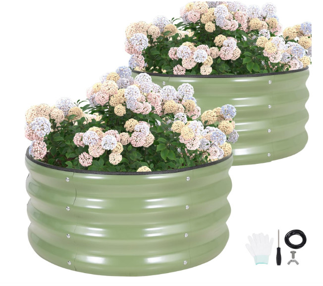 G GOOD GAIN Round Raised Garden Bed - 2Pcs 2x2x1ft Galvanized Steel Planter Boxes Outdoor with Rubber Edge Trim | Metal Raised Beds for Gardening Vegetables Flowers Fruits Herbs (Olive Green) home backyard garden flower bed round 

 