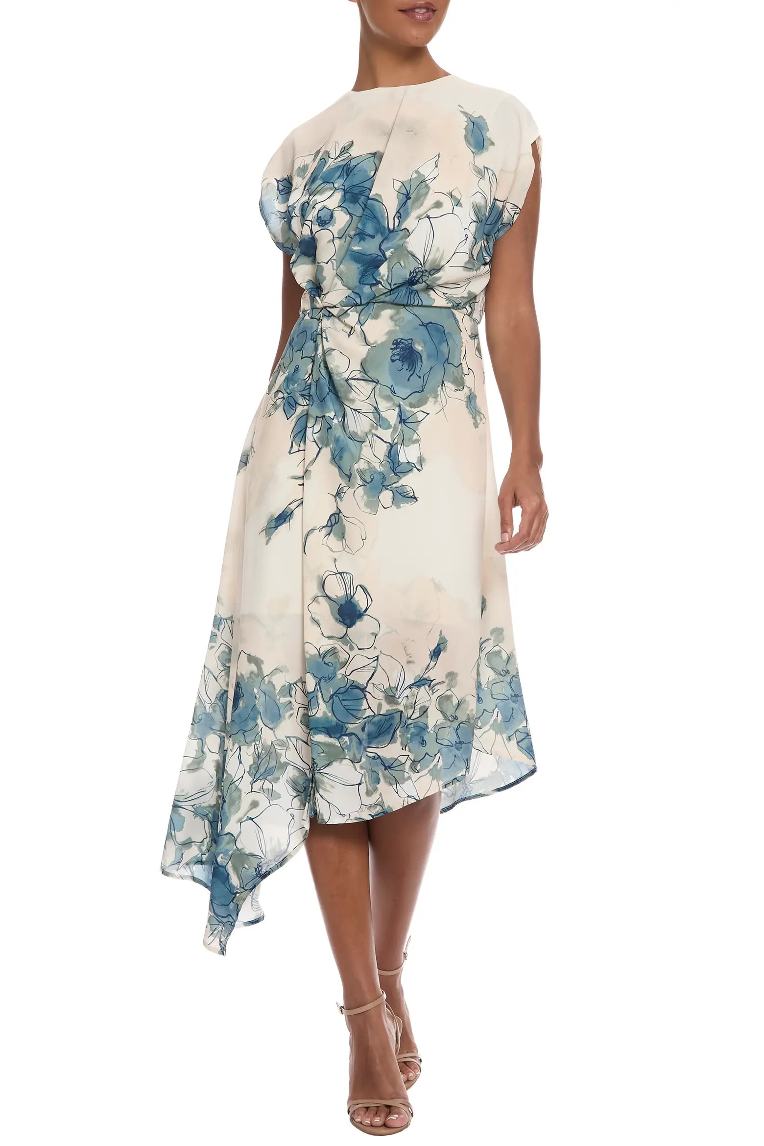Placed Floral Cap Sleeve Asymmetric Hem Midi Dress (Women) | Nordstrom | Nordstrom