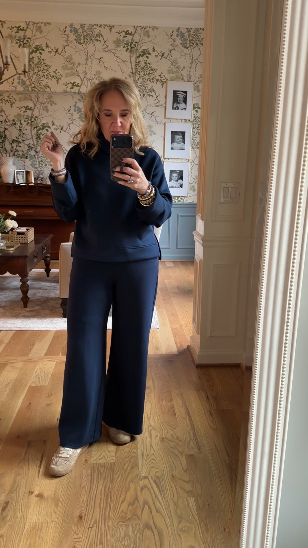 Spanx air essentials. Love this new turtleneck! Timeless navy 
Size medium in top
Size medium petite in pants 
Sneakers tts 


#LTKHome #LTKTravel #LTKOver40