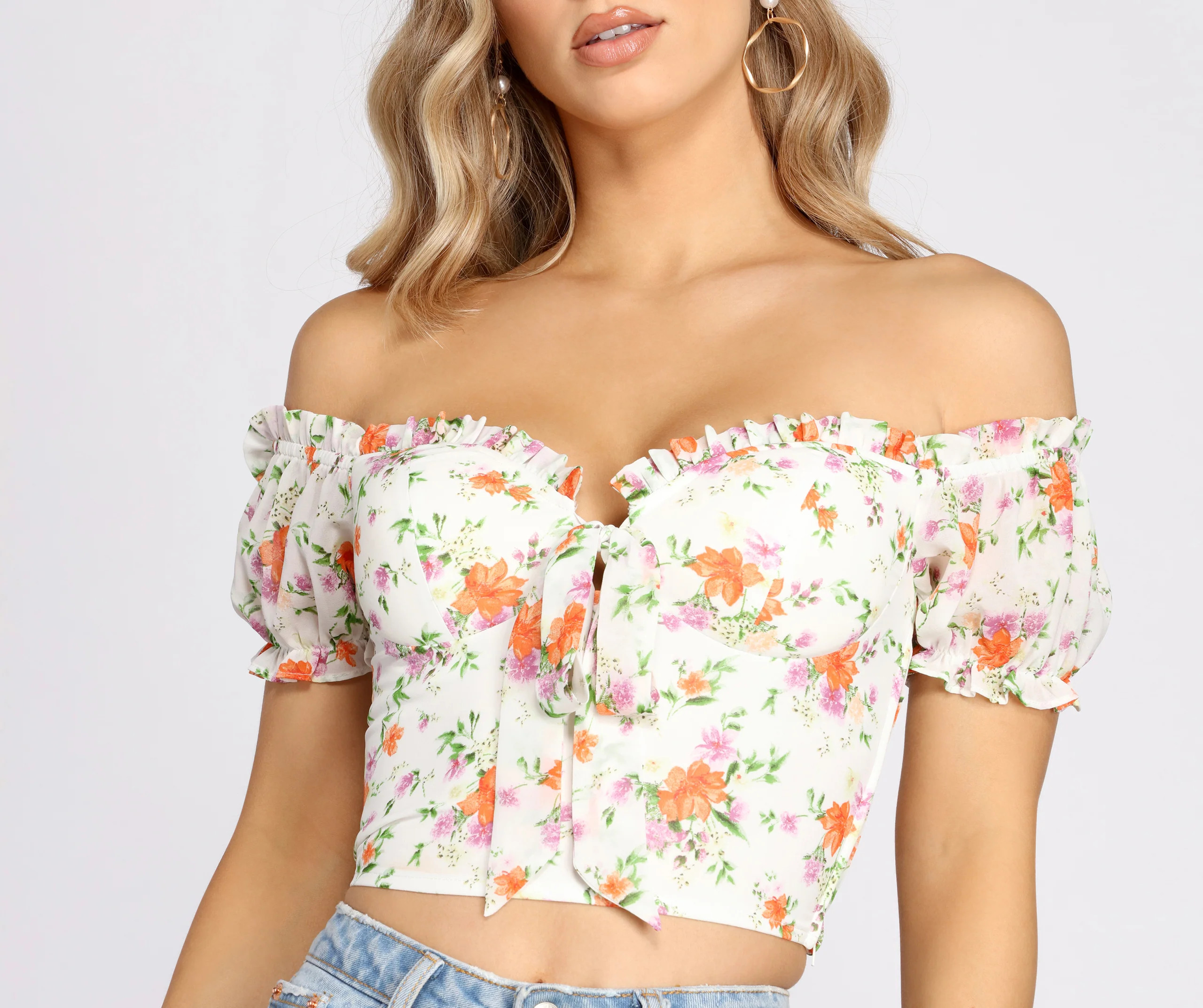 Flower Move Tie Front Off Shoulder Crop Top | Windsor Stores