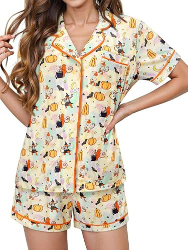 FEMLE Women Halloween Spooky Pajamas 2 Piece Cute Monkey Short Sleeve Pumpkin Ghost Button Down Pjs Preppy Sleepwear | Amazon (US)