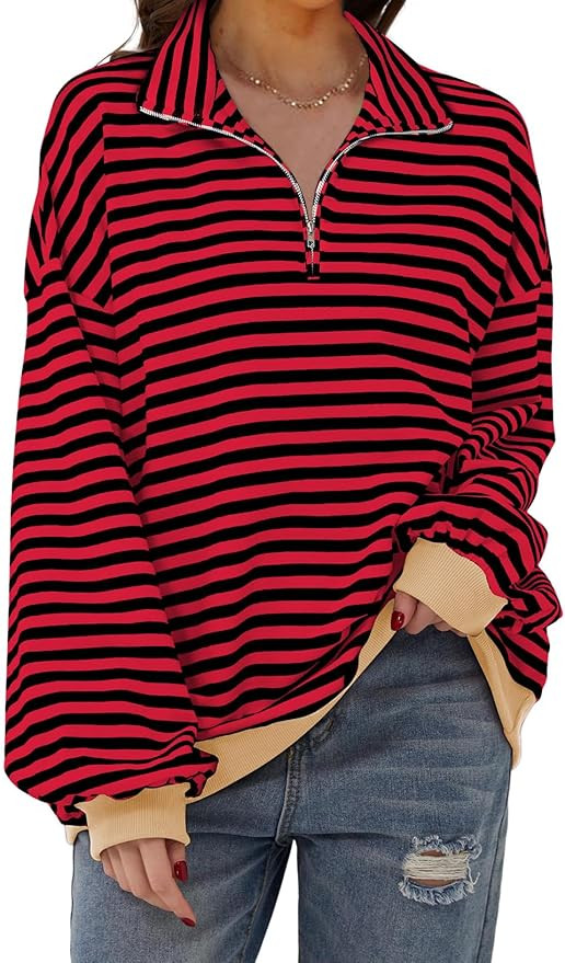 EVALESS Oversized Sweatshirt for Women 2024 Fall Outfits Fashion Long Sleeve Shirts Striped Quart... | Amazon (US)