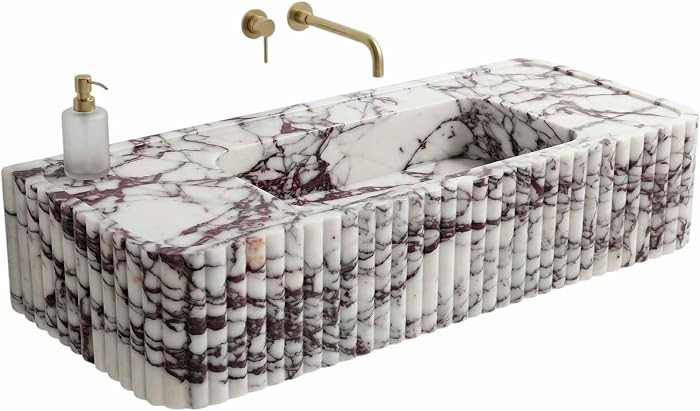 Calacatta Viola Marble Sink, Fluted Marble Bathroom Sink with Deck, Hand-Carved Rectangular Vanit... | Amazon (US)