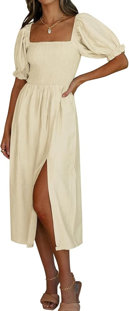 R.Vivimos Summer Dress for Women Cotton Plaid Puff Sleeves Casual Off-Shoulder Boho Side Slit Mid... | Amazon (US)