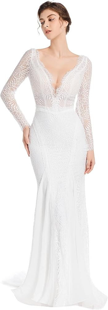 Mermaid Wedding Dresses for Bride Classy lace Boho Long Sleeve Open Back Bohemian Wedding Gowns | Amazon (US)