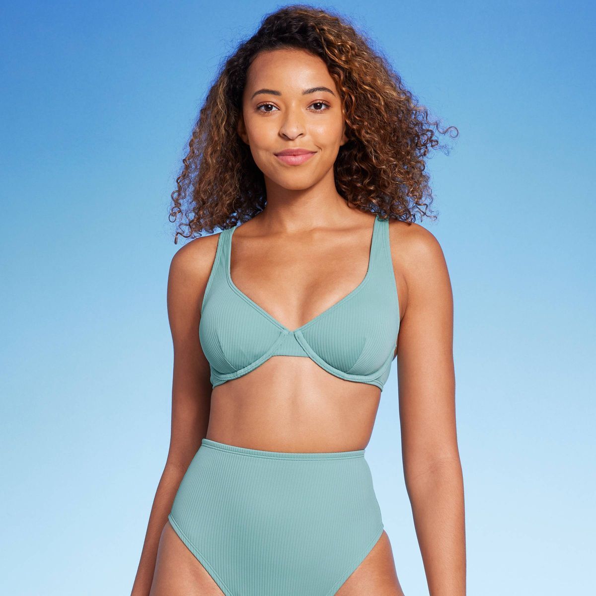 Women's Retro Ribbed Underwire Bikini Top - Shade & Shore™ Green 32A | Target