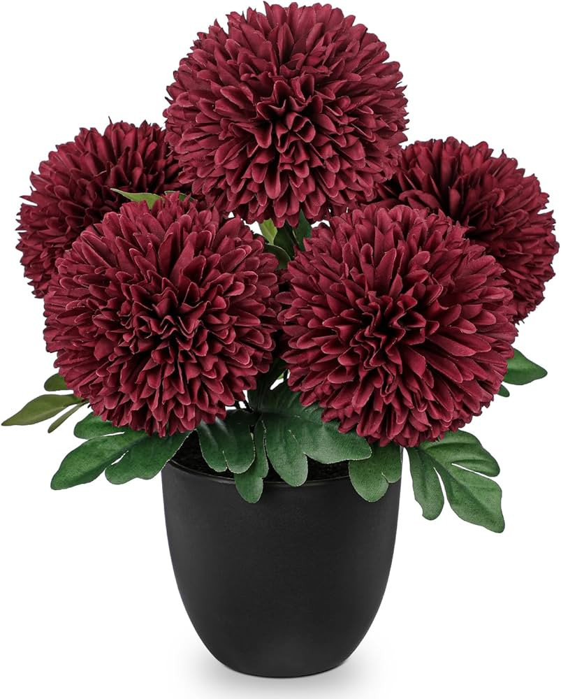 Briful Burgundy Artificial Mums – Realistic Silk Fall Chrysanthemums in Black Pot, Faux Potted ... | Amazon (US)