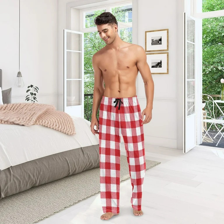 Cotton Mens PJ Pajama Pants Bottoms Waistband Sleepwear with Pockets Red and White Checkered | Walmart (US)