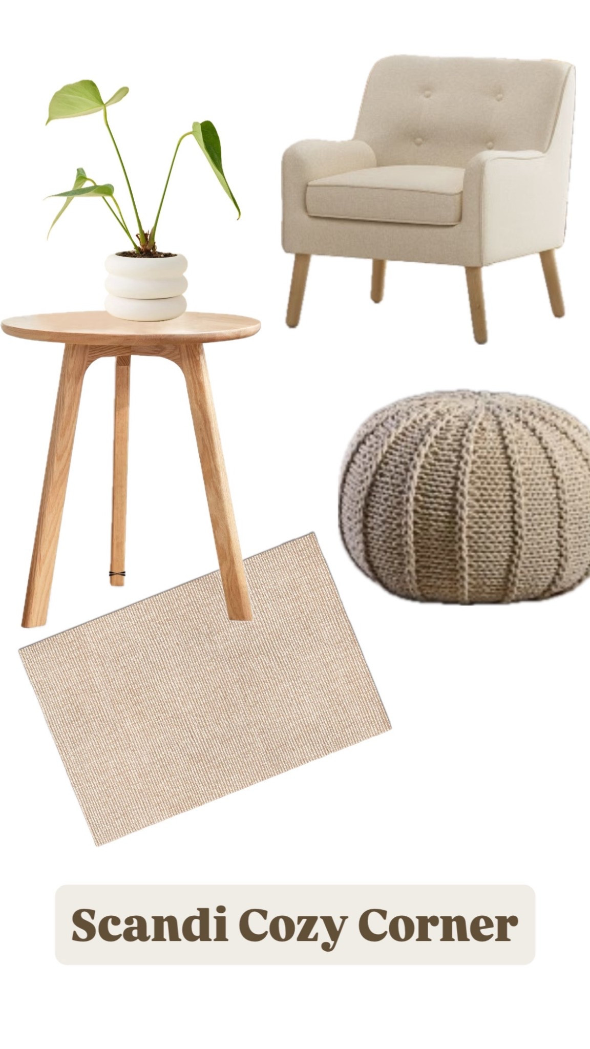 Scandi cozy vibes start here 🤍 This neutral reading nook setup is the perfect mix of hygge comfort and minimalist style. Featuring a cream accent chair, knitted pouf, natural wood side table, and soft woven rug, it’s the ultimate inspiration for anyone who loves Scandinavian home decor. Add a touch of greenery with a modern ceramic planter, and your cozy corner is complete! Shop the exact pieces and similar affordable finds linked below. 🌿