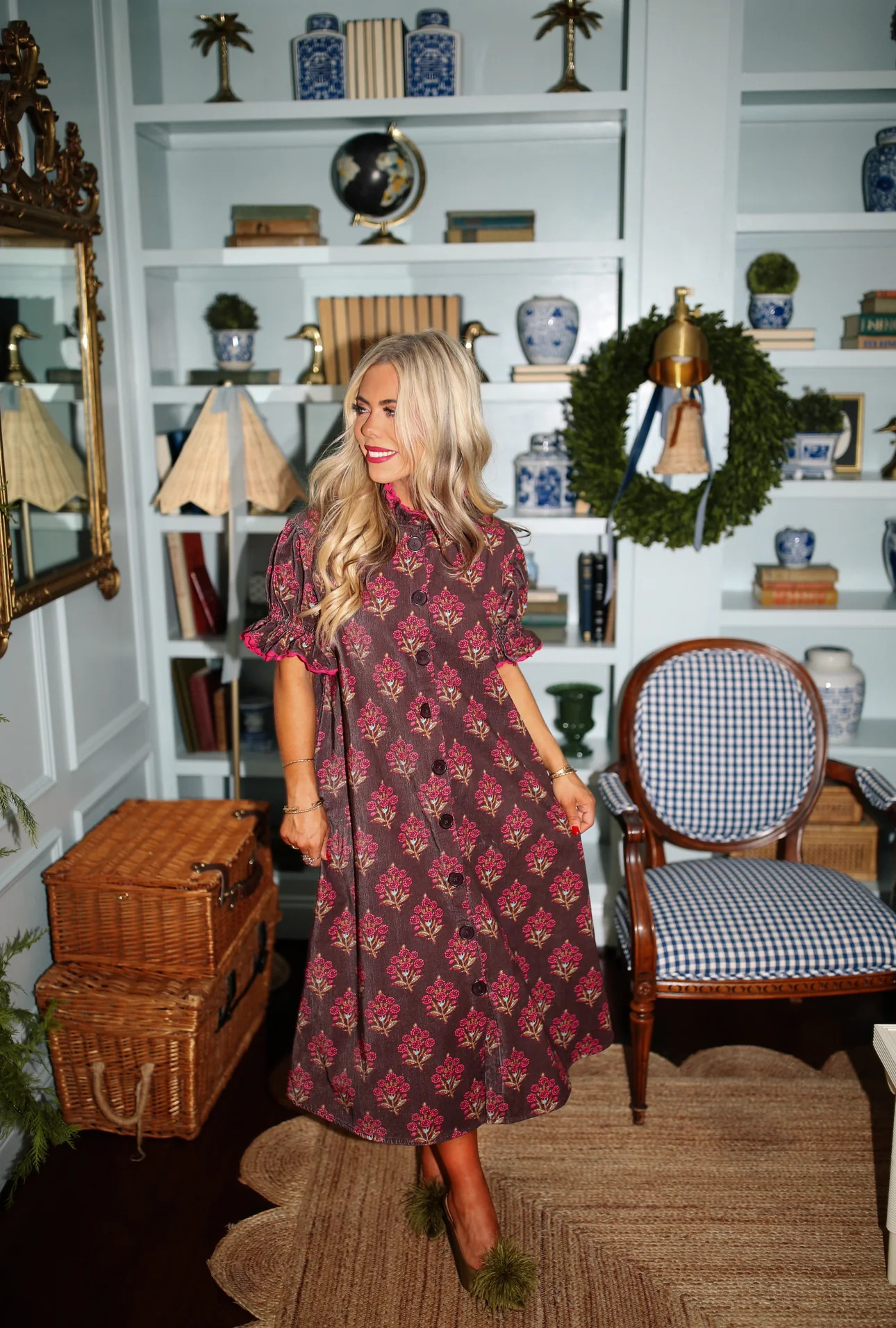 Darcy dressing gown in chocolate floral corduroy | Elizabeth Wilson Designs