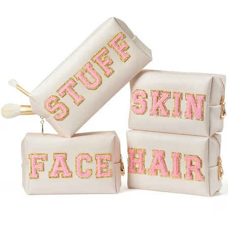 Y1tvei 4Pcs Preppy Patch Varsity Letter Makeup Bag Sewn with Pink Skin Hair Face Stuff Chenille Letter Cosmetic Toiletry Bag PU Leather Waterproof Portable Zipper Purse Travel Organizer for Women Girl | Walmart (US)