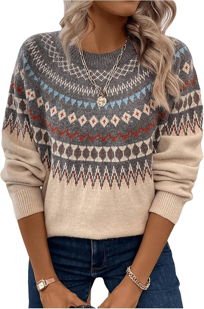 Women's Geometric Pattern Sweater Long Sleeve Crewneck Fair Isle Sweaters Christmas Pullovers Top | Amazon (US)