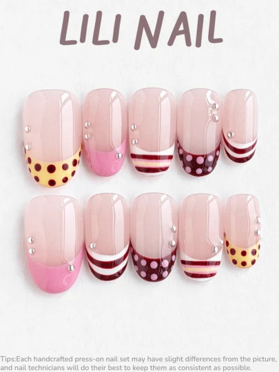 10pcs Handmade Acrylic Nail Stickers, Short Nails, Oval Shape, Pink, Yellow, Soft & Sweet, French Tips, Polka Dots, Stripes, Cute Nails, Affordable, Reusable Nail Kit With Tools, Suitable For Daily, Party, Office, Gift, Summer, Spring, Silver Beads | SHEIN