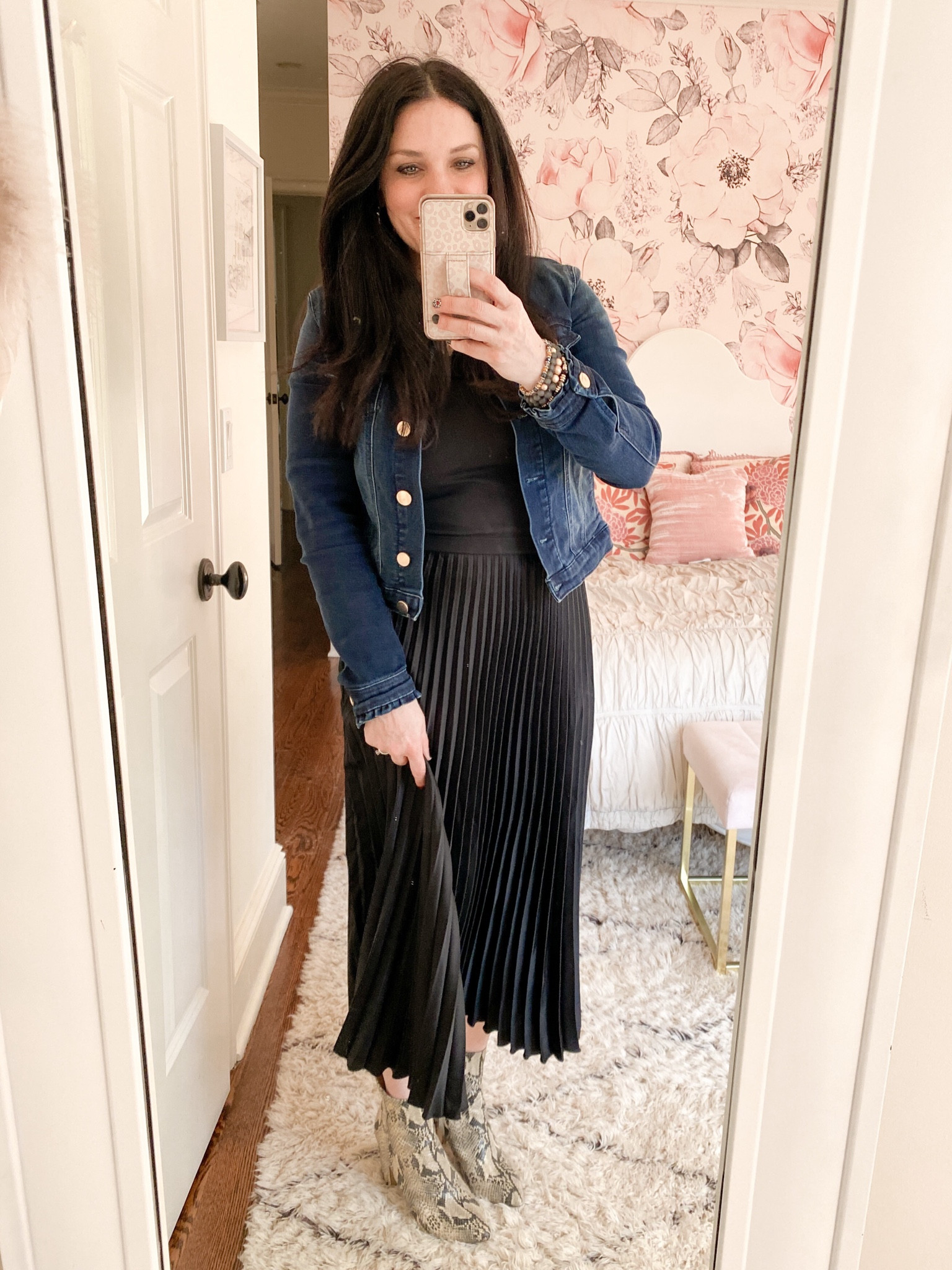 Denim Jacket Jacket To Wear With Pleated Skirt Black Denim Jacket Burgundy  Pleated Skirt  Meagan's Moda
