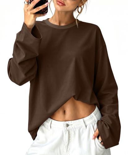 Womens Long Sleeve Tops Oversized T Shirts Y2K Fall Clothes Coffee XL | Amazon (US)