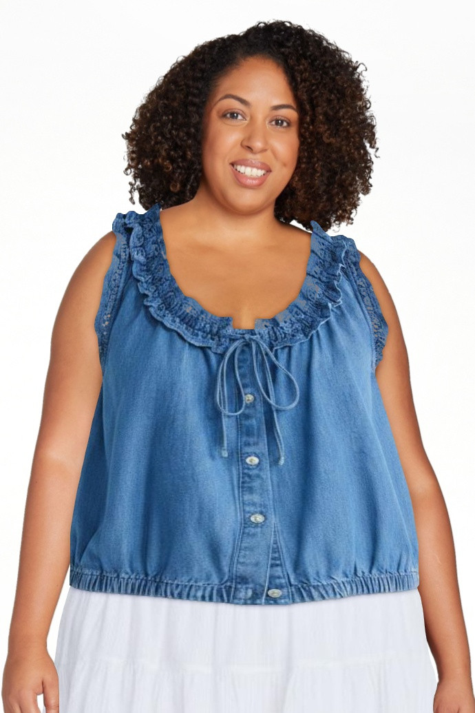 Free Assembly Eyelet Ruffle Sleeveless Chambray Top, Sizes XS-XL | Walmart (US)