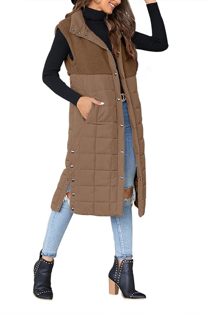 UMEKO Women's Long Puffer Vest Fleece Jacket Winter Button Down Sleeveless Coats | Amazon (US)