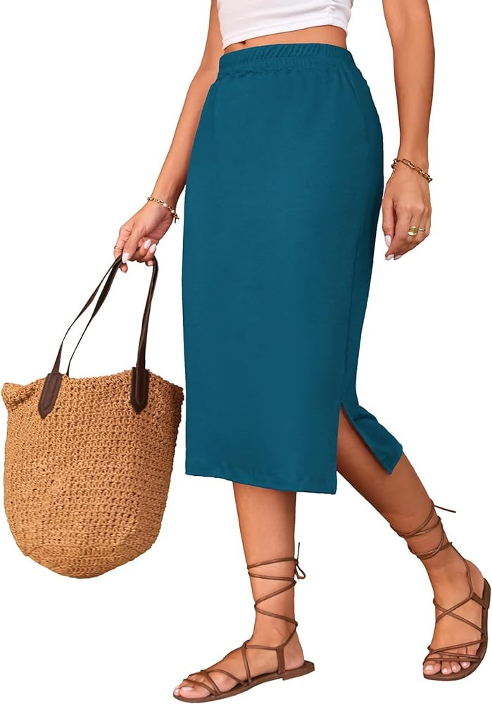 Naggoo Midi Skirts for Women Summer Elastic High Waisted Side Slit Long Skirts | Amazon (US)