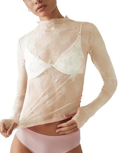 Ugerlov Women's Sheer Top Long Sleeve Mesh Top Mock Neck Blouse See Through Floral Lace Shirt, Beige XS | Amazon (US)