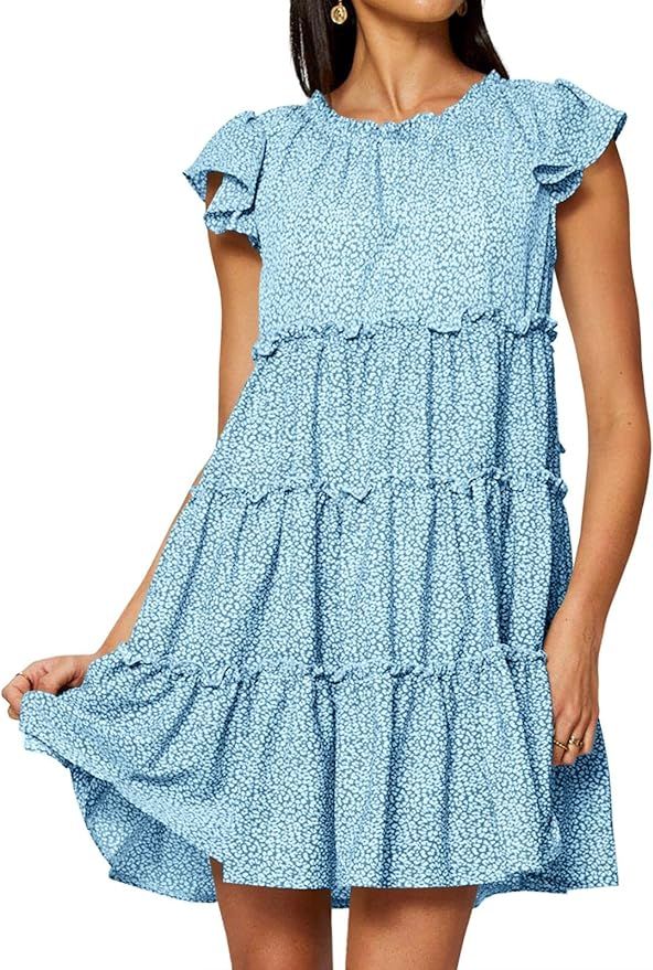 Teurkia Women's Summer Dress Floral Printed Ruffles Sleeveless Mini A Line Flowy Dress | Amazon (US)