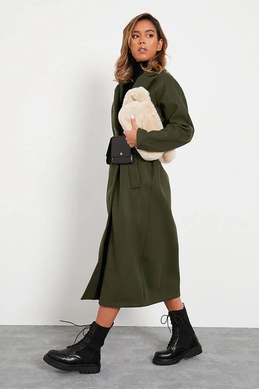 Khaki Maxi Length Utility Belted Wool Coat | ISAWITFIRST UK