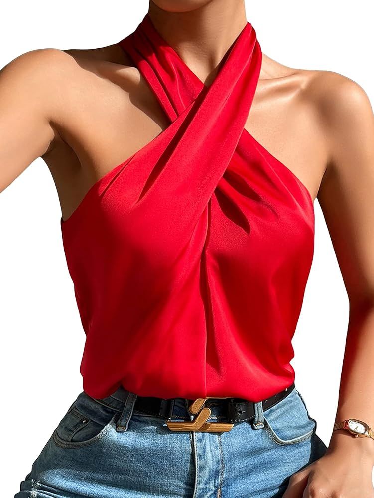 Cozyease Women's Crisscross Front Backless Halter Top Solid Open Back Shirt Top | Amazon (US)