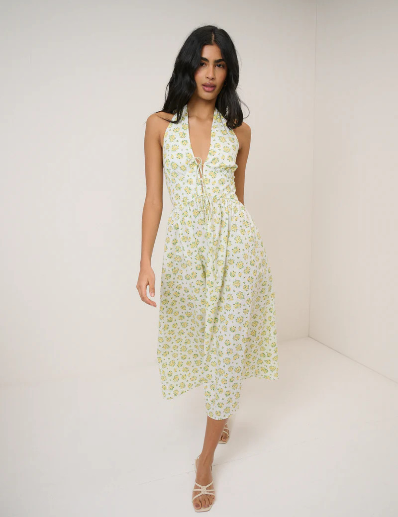 Yellow Floral Halterneck Lilijana Midi Dress | Nobody's Child